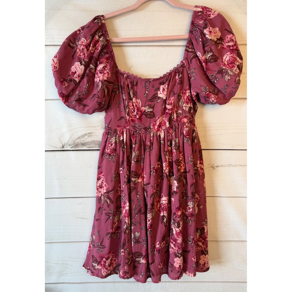 Floral Puff-Sleeve Short Dress in Mauve Pink / Burgundy